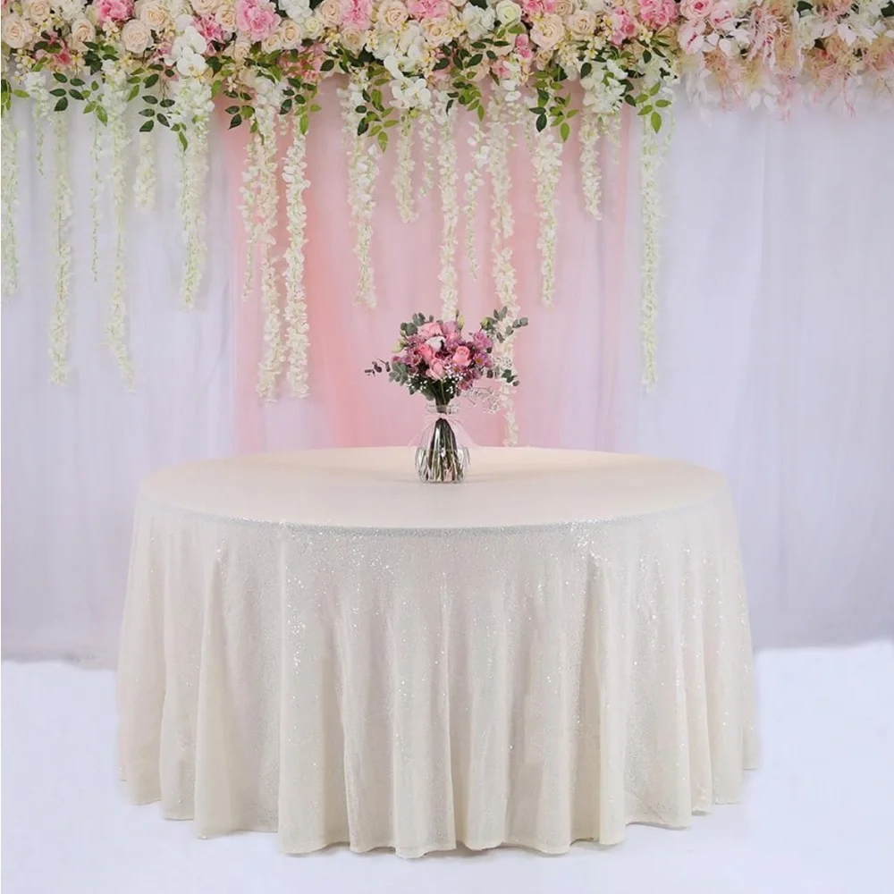2 Round Ivory Sequin Layover Tablecloth (132”)
